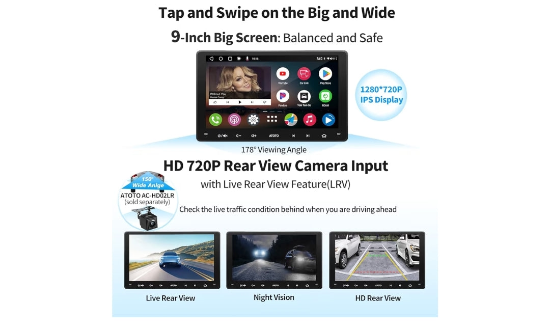 9" Car Stereo, Double-DIN Radio, Wireless CarPlay & Wireless Android Auto, Mirror Link, GPS Tracking，in-Dash Navigation, Dual Bluetooth