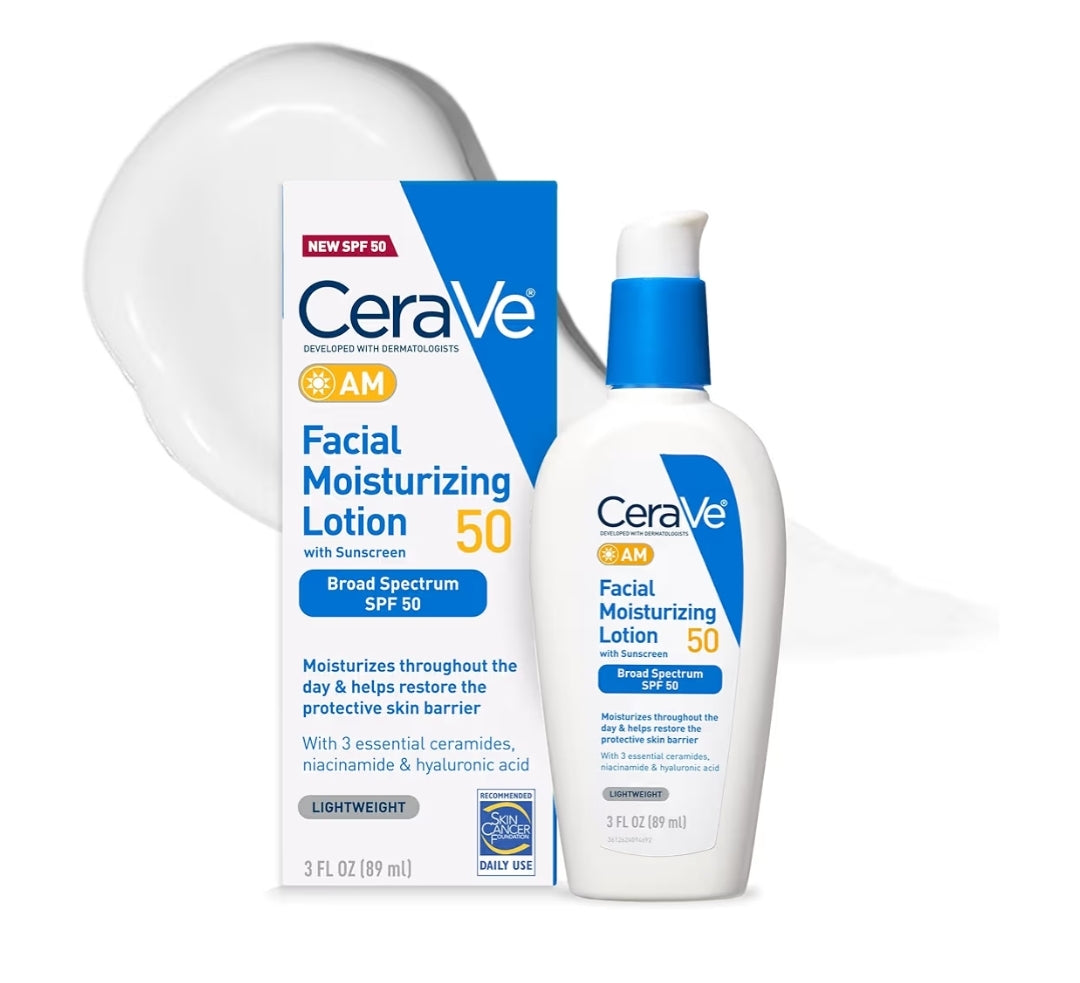 CeraVe AM Facial Moisturizing Lotion SPF 50, Face Moisturizer Hyaluronic Acid, Niacinamide & Ceramides, Non-Greasy Non Comedogenic (3 oz)