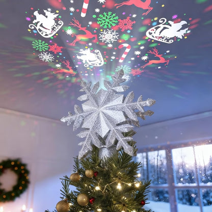 Kersboom Toppunt Verligting m/ 6 Geprojekteerde Patrone, Led Roterende Magiese Sneeuvlok, 3D Hol Glitters Verligte Versierings - (Silwer)