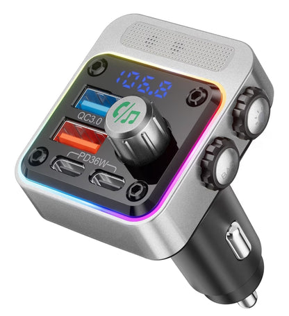 54W Bluetooth 5.3 Motoradapter met 4 Laaipoorte, Draadlose Radio FM-sender & 5 Kleure LED-agterlig, Handvrye Oproepe – Silwer