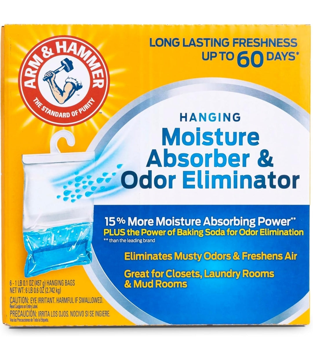 Arm & Hammer Hanging Moisture Absorber and Odor Eliminator, 16.1 oz., 6 Pack, Fragrance Free, Moisture Absorbers for Closet and Small Rooms, Long-Lasting Freshness