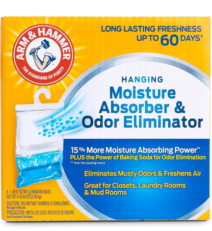 Arm & Hammer Hanging Moisture Absorber and Odor Eliminator, 16.1 oz., 6 Pack, Fragrance Free, Moisture Absorbers for Closet and Small Rooms, Long-Lasting Freshness