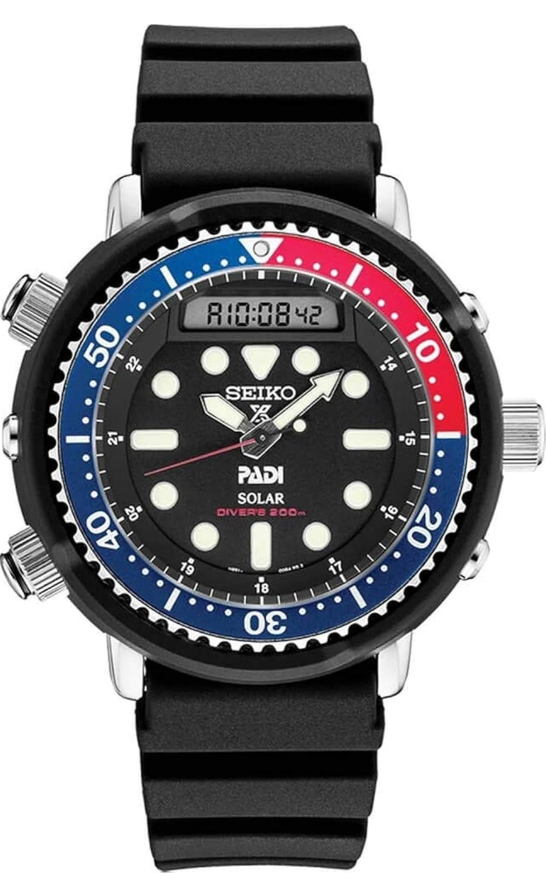 Seiko Hibried Duikhorlosie vir Mans - Prospex - Sonkrag, met Swart Wyserplaat, Liggewig Kas, en Stophorlosiefunksie, 200m Waterbestand