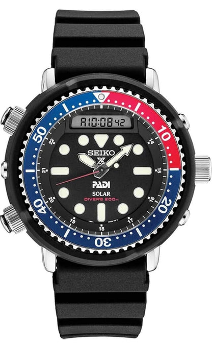 Seiko Hibried Duikhorlosie vir Mans - Prospex - Sonkrag, met Swart Wyserplaat, Liggewig Kas, en Stophorlosiefunksie, 200m Waterbestand