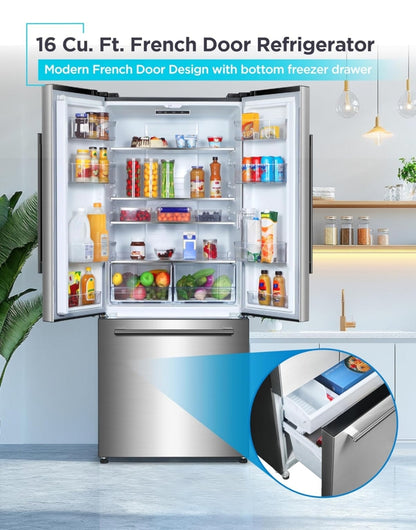 BLACK+DECKER 16 Kub. Vt. Franse Deur Yskas met Ingeboude Ysmaker, Volgrootte Yskas met Ondergemonteerde Vrieslaai, Rypvry, ENERGY STAR-gesertifiseer, BRF1600GIMS, Vlekvrye Voorkoms