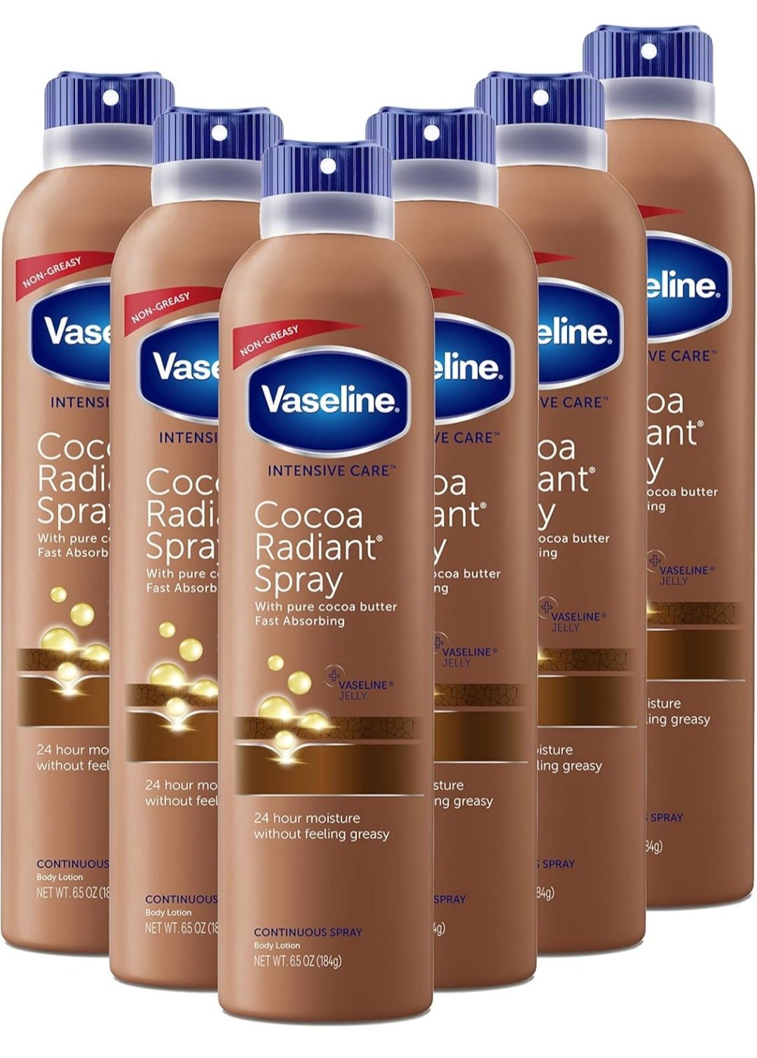 Vaseline Intensive Care Spray Moisturizer For Dry Skin Cocoa Radiant Made With 100% Pure Cocoa Butter 6.5oz (Pack of 6)