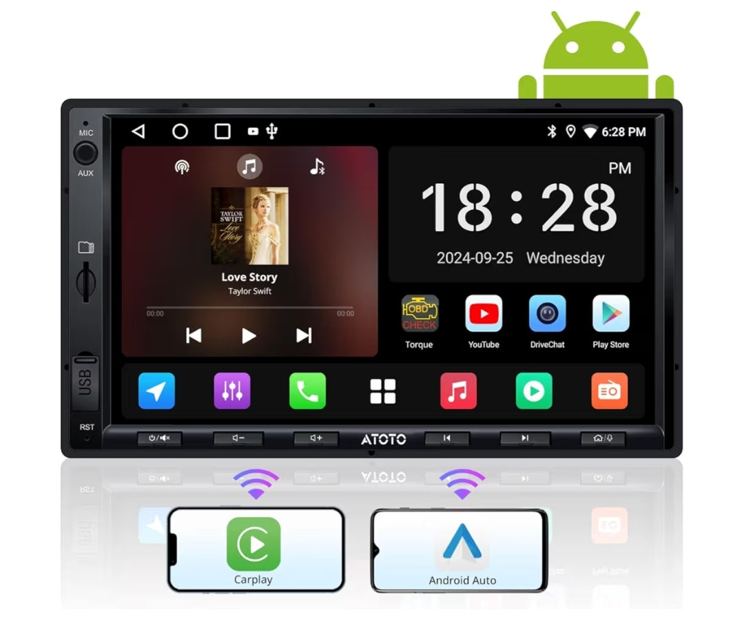 7" Dubbel-DIN Kar Stereo, Draadlose CarPlay & Android Auto raakskerm, Wi-Fi/BT/USB-ankering, Bluetooth, 24B-EQ DSP, MirrorLink, GPS/SWC/FM/AM, AI Chat