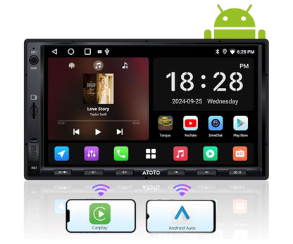 7" Dubbel-DIN Kar Stereo, Draadlose CarPlay & Android Auto raakskerm, Wi-Fi/BT/USB-ankering, Bluetooth, 24B-EQ DSP, MirrorLink, GPS/SWC/FM/AM, AI Chat