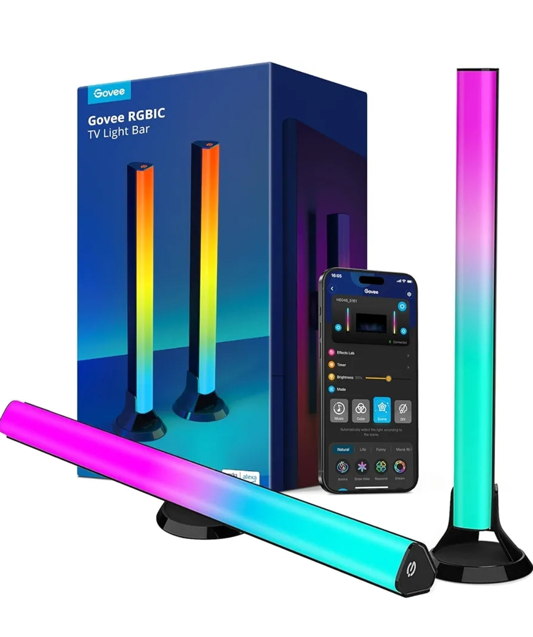 Govee RGBIC Light Bars, 15 Inches WiFi TV Backlight Suitable for 45-70 inch TVs, Smart Light Bars with Multiple Placement Options, Work with Alexa and Google Assistant, Black