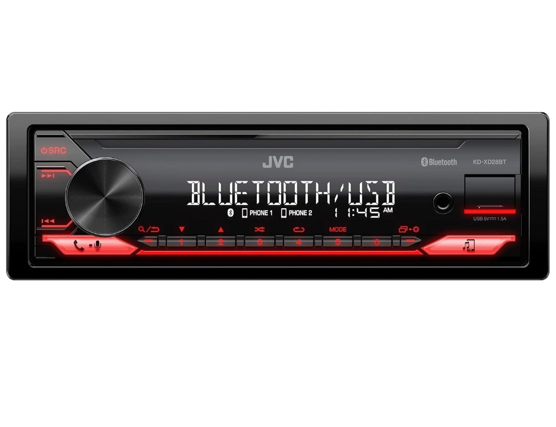 JVC KD-XD28BT Bluetooth Motorradio met USB-poort – AM/FM-radio, MP3-speler, hoëkontras-LCD, 50 Watt, Verwyderbare Voorpaneel – Enkel DIN – 13-band EQ