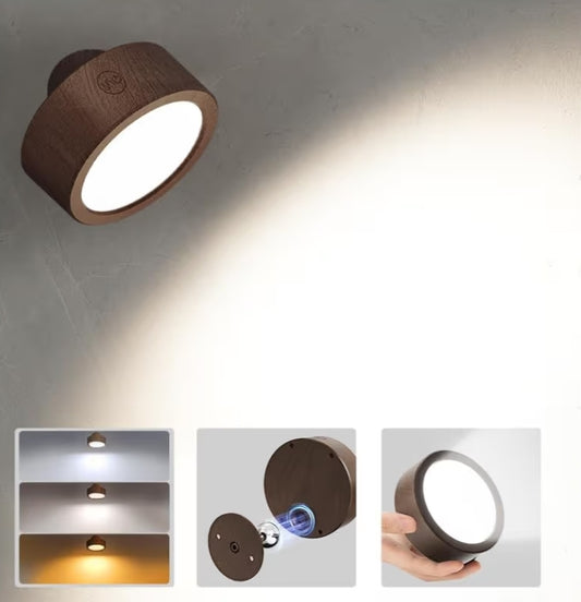 LED Wall Mounted Lights, 5500mAh Rechargeable Remote and Touch Control, 360°Rotation Dimmable Cordless (1 PC- Walnut)