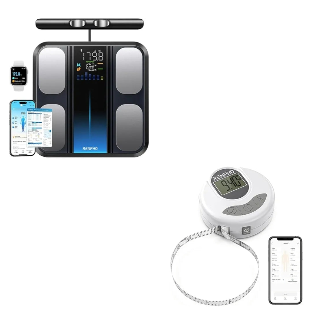 Bundle Smart Scale with 8 Electrodes Larger Platform and Body Measuring Tape with Lock Hook & Retractable Function