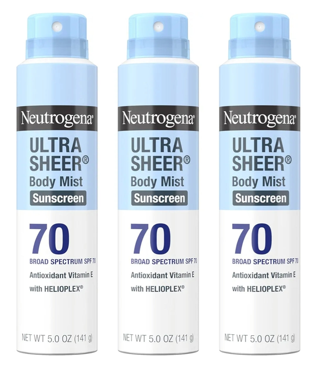 Neutrogena Ultra Sheer Body Mist Sonbrandroom Spuit SPF 70 Nie-vetterig & Waterbestand UVA/UVB, 142g - Pak van 3