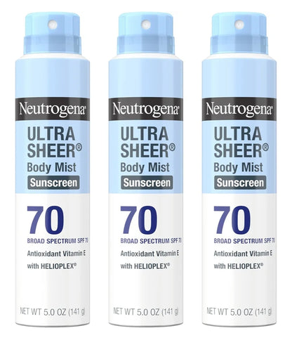 Neutrogena Ultra Sheer Body Mist Sonbrandroom Spuit SPF 70 Nie-vetterig & Waterbestand UVA/UVB, 142g - Pak van 3