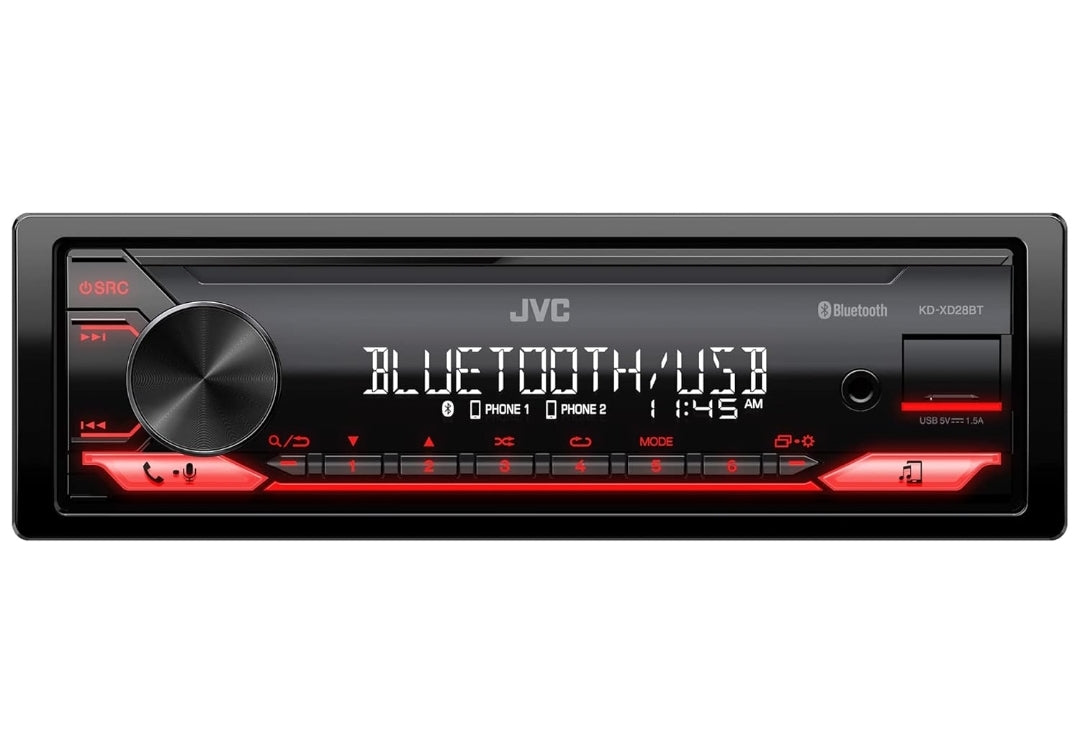 JVC KD-XD28BT Bluetooth Motorradio met USB-poort – AM/FM-radio, MP3-speler, hoëkontras-LCD, 50 Watt, Verwyderbare Voorpaneel – Enkel DIN – 13-band EQ