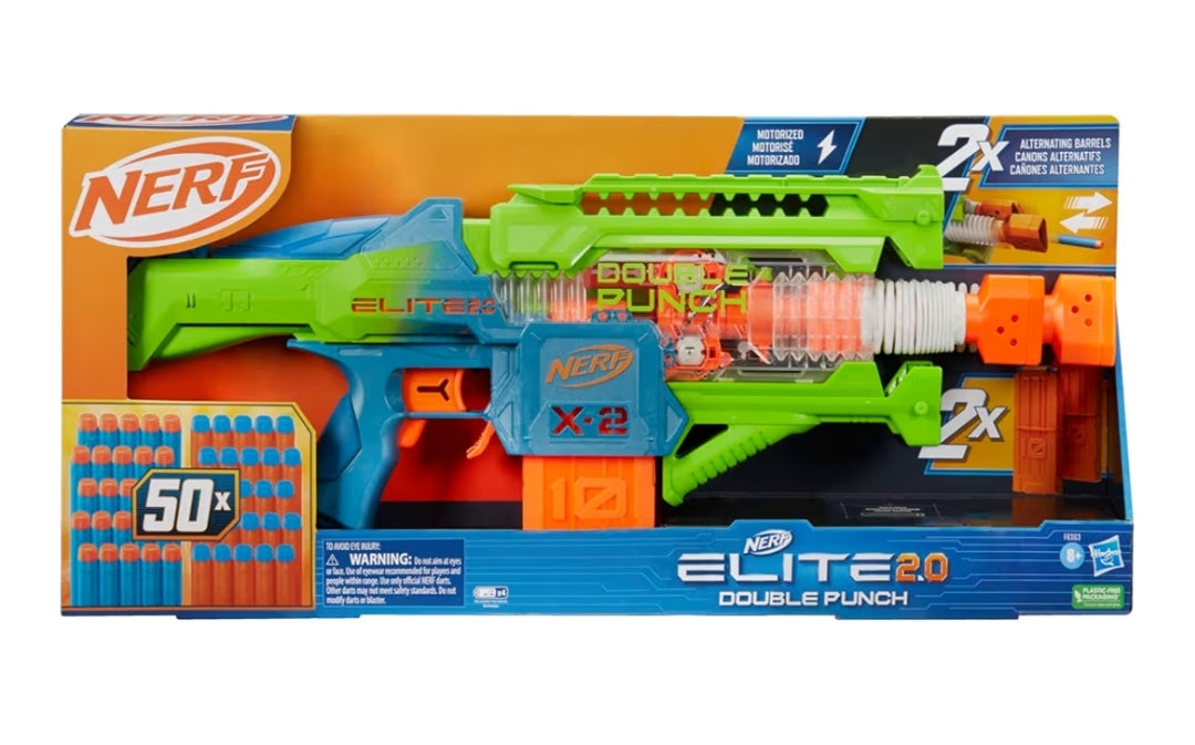 Nerf Elite 2.0 Double Punch Motorized Blaster, 50 Darts, 2x 10-Dart Clips, Ages 8+