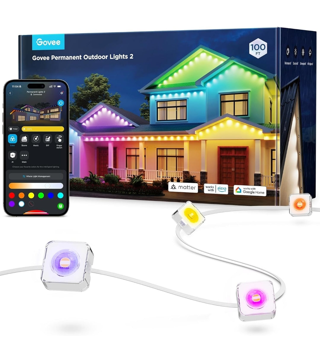Permanent Outdoor Lights 2, 100ft RGBIC Outdoor Lights with 72 LED Lights, IP67 Waterproof, 100 Scene Modes with 40lm White for Outdoor Decorations, Works with Alexa, Google Assistant, White