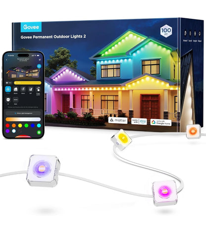 Permanent Outdoor Lights 2, 100ft RGBIC Outdoor Lights with 72 LED Lights, IP67 Waterproof, 100 Scene Modes with 40lm White for Outdoor Decorations, Works with Alexa, Google Assistant, White