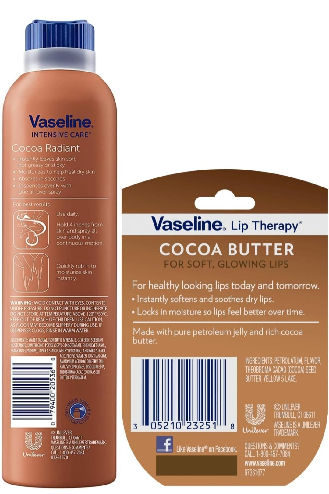 Vaseline Cocoa Radiant Spray Body Lotion 2-Pack + Mini Lip Therapy for Soft, Glowing Skin & Lips