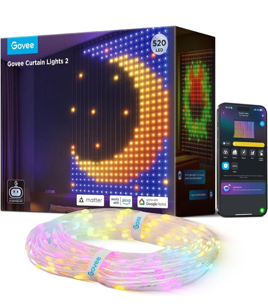 Govee Curtain Lights 2, 520 LED's, Slim LED Gordynlig met DIY GIF AIGC, Nie-splitsbaar, RGBIC Kleurveranderende Vakansieligte vir Binne en Buite, Slaapkamer en Venster Dekor, IP65 Waterdig, 4.9×6.6 vt.