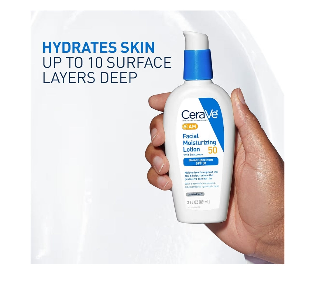 CeraVe AM Facial Moisturizing Lotion SPF 50, Face Moisturizer Hyaluronic Acid, Niacinamide & Ceramides, Non-Greasy Non Comedogenic (3 oz)