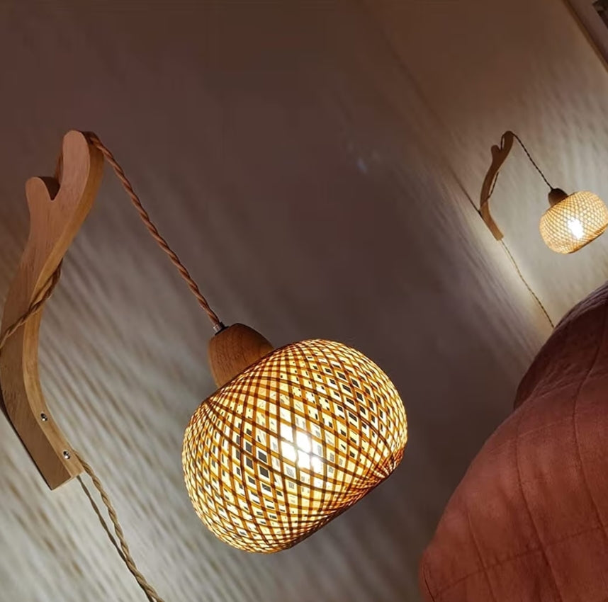 Bamboes Lantern Muurligte Prophouderlamp met Propkoord Handgeweefde Rotting Muurlig Rustiek