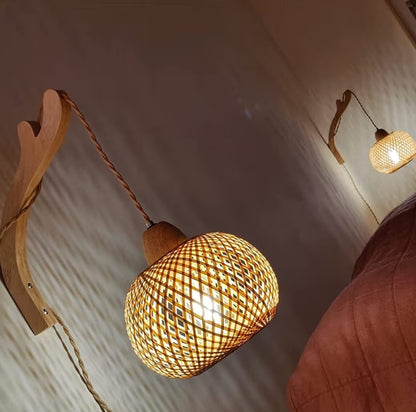 Bamboes Lantern Muurligte Prophouderlamp met Propkoord Handgeweefde Rotting Muurlig Rustiek