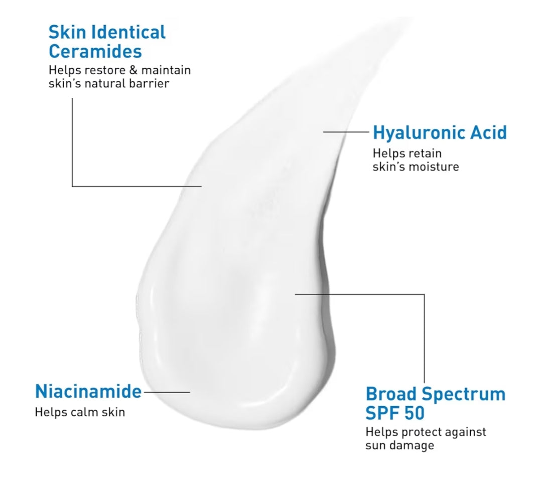 CeraVe AM Facial Moisturizing Lotion SPF 50, Face Moisturizer Hyaluronic Acid, Niacinamide & Ceramides, Non-Greasy Non Comedogenic (3 oz)