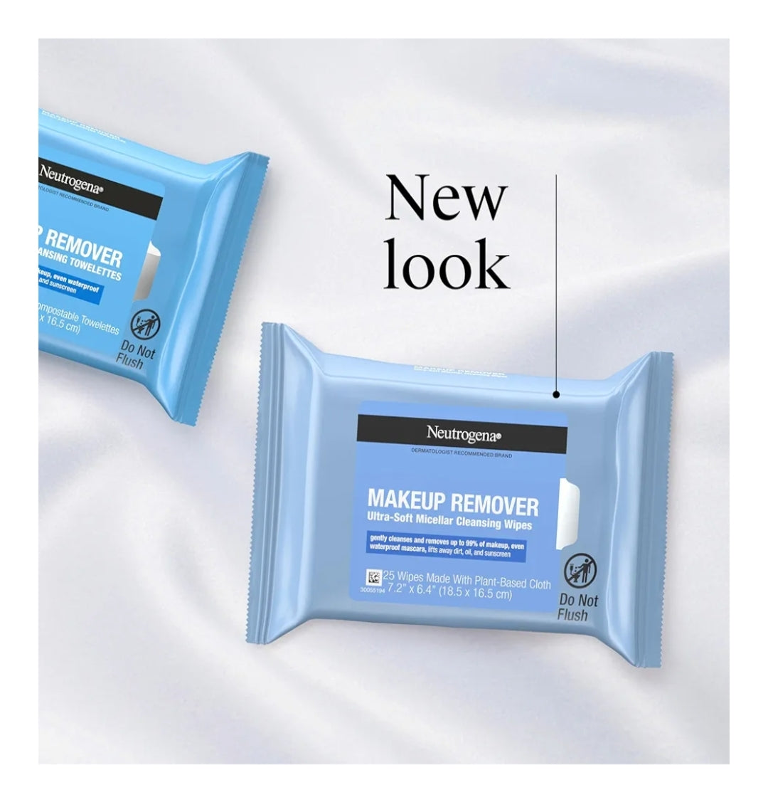 Neutrogena Micellêre Grimeerverwyderaar Doekies, Alkoholvrye Gesigdoekies Verwyder Waterdigte Maskara & Olie Komposteerbaar 100% Plantgebaseerd (Tweelingpak 2 x 25 stuks)
