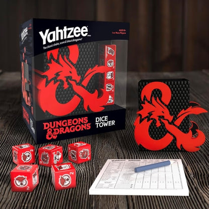 YAHTZEE: Dungeons & Dragons | Collectible Dice Tower | Dice Featuring Dragon, Owl Bear, Gelatinous Cube, Mimic, Mind Flayer, and Beholder