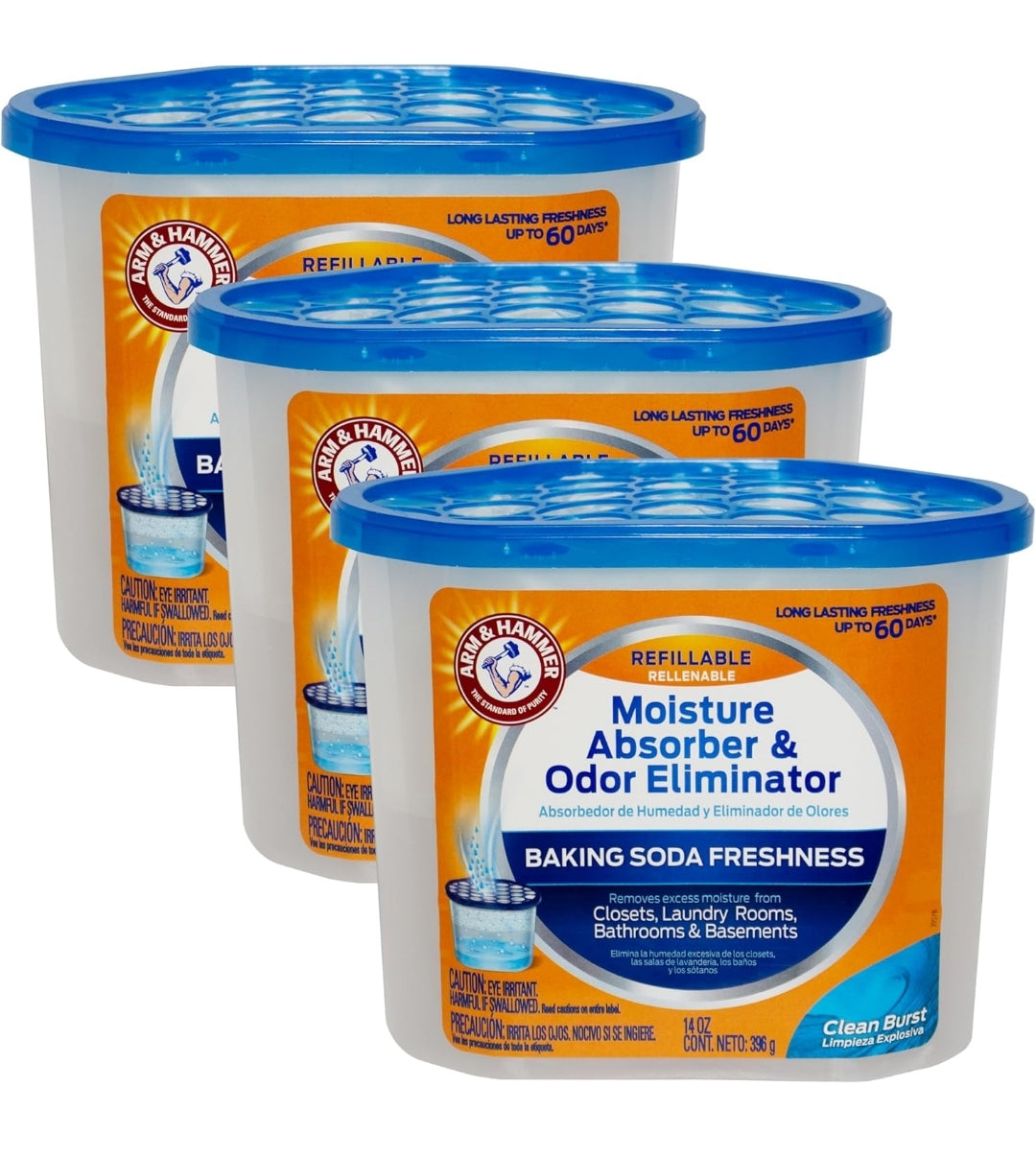 Arm & Hammer Clean Burst Moisture Absorber and Odor Eliminator Tubs -  (14 oz 3 Pack) Trap Excess Moisture - White