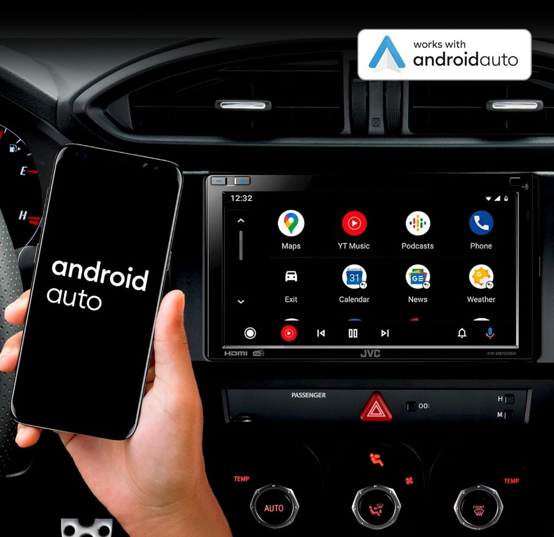 JVC Ingeboude Wi-Fi vir Draadlose CarPlay Android Auto, 6.8" LCD-raakskerm, AM/FM, Bluetooth, MP3-speler, USB-poort, Dubbel DIN, 13-band EQ, SiriusXM Motorradio