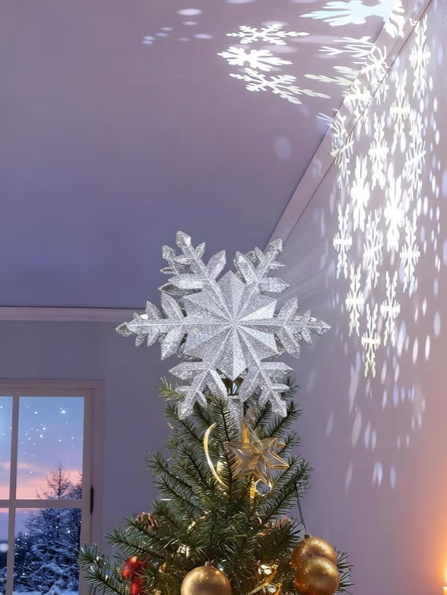 Christmas Tree Topper Lighted w/ Silver Snowflake Projector, Led Rotating, 3D Hollow Glitter Lighted Decorations