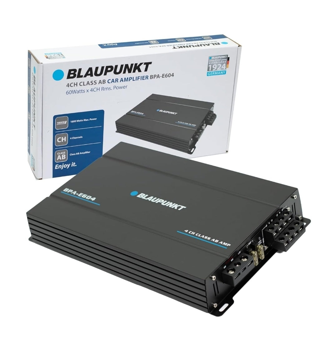 BLAUPUNKT BPA-E604 4-Channel Class AB Car Amplifier - 1800W Max Power, Bridged 360W RMS - Compact Design for Superior Sound Clarity