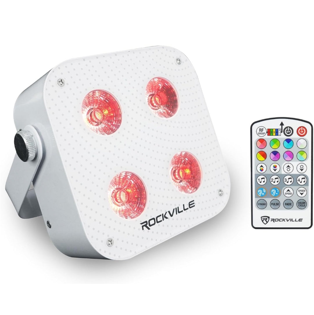 Rockville MINI RF4 V2 White LED Wash Up Light RGBWA+UV, Compact, App, Remote Control, LCD, Wireless DMX, Rechargeable, Perfect for DJ/Party Lighting