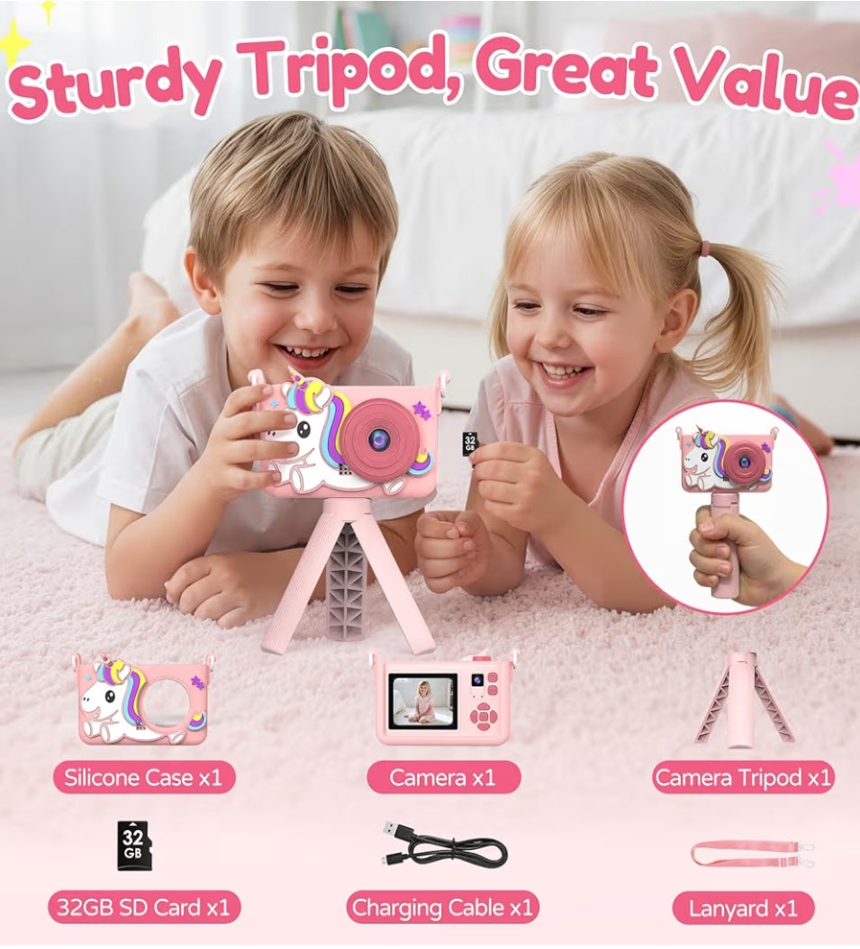 Kids Camera w/ Tripod & 32GB Card, 1080P HD Camera, Portable Toy - Pink