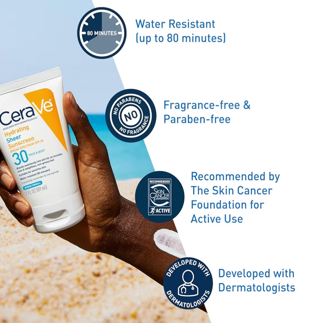 CeraVe Hydrating Sheer Sonbrandroom SPF 30 met sinkoksied, hialuroonsuur en seramiede, parabeenvry + geurvry (85 g)