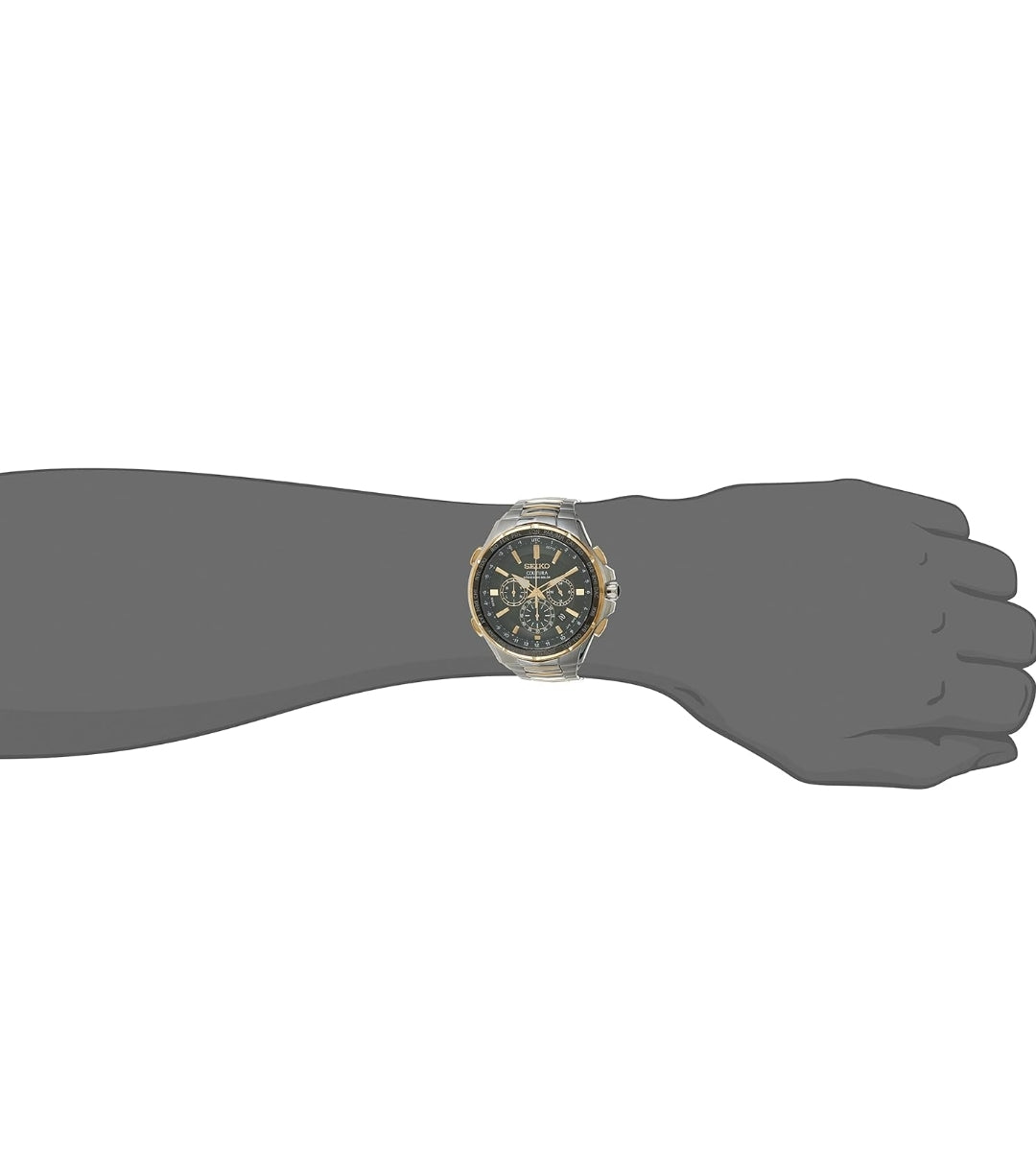 SEIKO Horlosie vir Mans - Coutura Versameling - Radio Sinkroniese Sonkrag Chronograaf, Tweekleurige Vlekvrye Staal Kas en Armband, Swart Wysplaat met Lumibrite Wyser en Merkers, en Datum Kalender