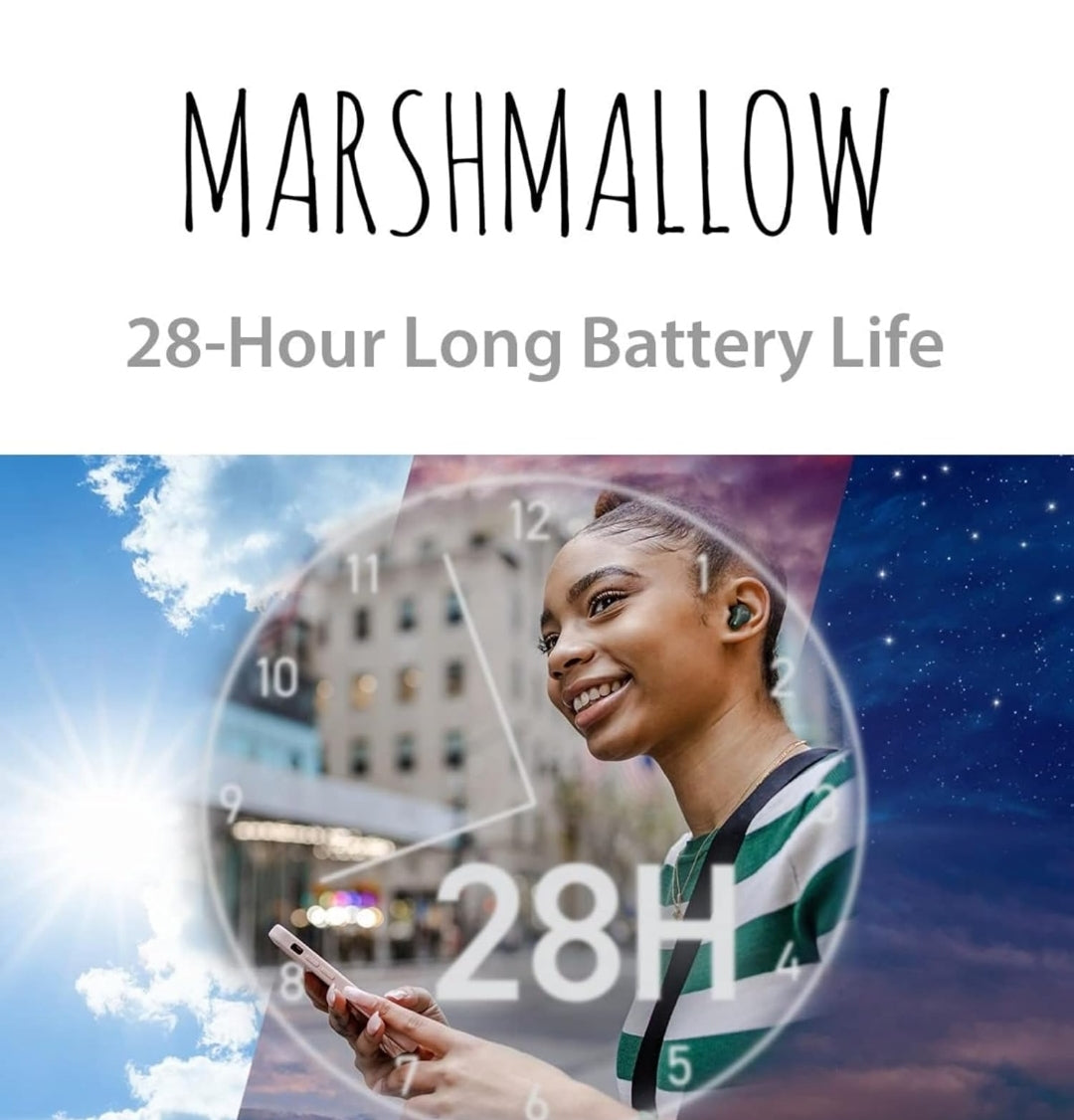 JVC Marshmallow Ware Draadlose Bluetooth 5.3 Oorfone – 28H Battery, Geheueskuim-oorstukke vir Heeldaggemak, IPX4 Waterbestand, Mikrofoon, Kompakte Houer, vir iPhone en Android