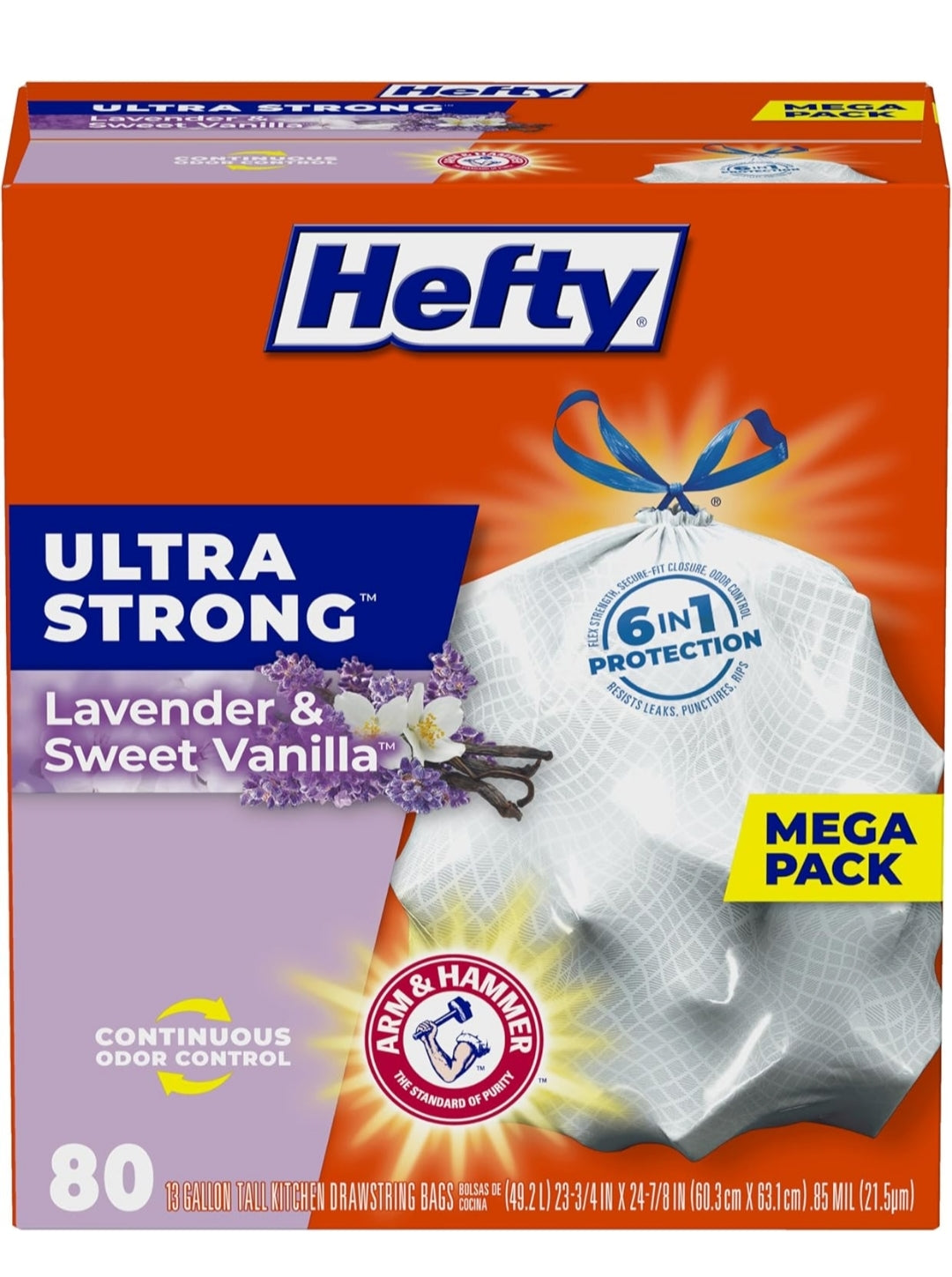 Hefty Ultra Strong Tall Kitchen Trash Bags 13 Gallon Lavender & Sweet Vanilla Scent - 80 Count