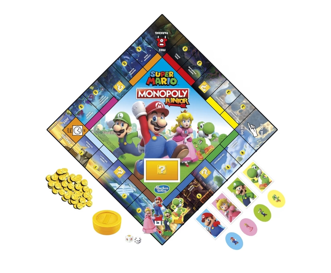 Monopoly Junior Super Mario Edition Board Game - Explore The Mushroom Kingdom as Mario, Peach, Yoshi, or Luigi