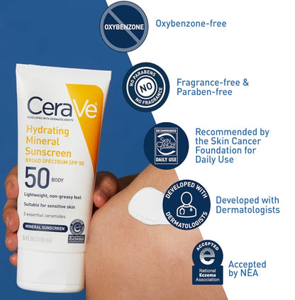 CeraVe 100% Minerale Sonbrandroom SPF 50 met Sinkoksied en Titaandioksied, Hialuronzuur en Seroïdes, Olievry (5 oz)