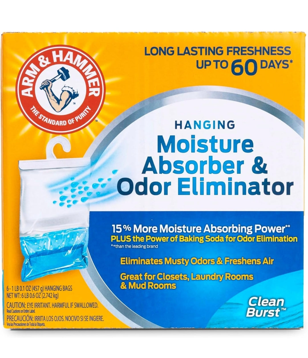 Arm & Hammer Hanging Moisture Absorber and Odor Eliminator, 16.1 oz., 6 Pack, Clean Burst, Moisture Absorbers for Closet and Small Rooms, Long-Lasting Freshness