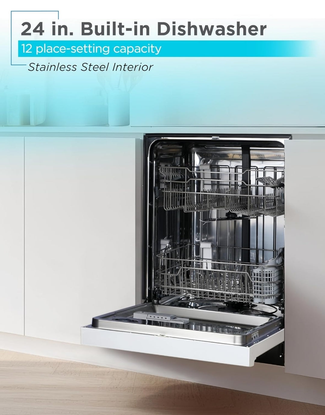 BLACK+DECKER 24" Ingeboude Skottelgoedwasser, 12-Plekkestel Kapasiteit met Vlekvrye Staal Bad, Skottelgoedwasser met 6 Wasprogramme, Lae Geraas, ENERGY STAR Gesertifiseer, BDW200MW, Wit