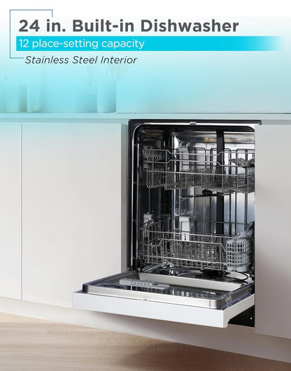 BLACK+DECKER 24" Ingeboude Skottelgoedwasser, 12-Plekkestel Kapasiteit met Vlekvrye Staal Bad, Skottelgoedwasser met 6 Wasprogramme, Lae Geraas, ENERGY STAR Gesertifiseer, BDW200MW, Wit