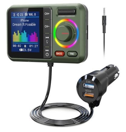 Bluetooth FM-senderadapter, ondersteun QC3.0-vinniglaai, handvrye oproep, MP3-musiekspeler TF-kaart AUX - Groen