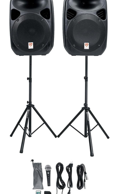 Rockville RPG122K 12" 600W Draagbare Klankstelsel, 3-Kanaal menger Bluetooth, Sluit Mikrofoon, Staanders, Kabels BUNDEL in