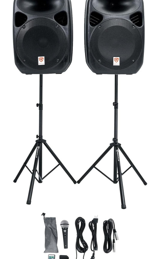 Rockville RPG122K 12" 600W Draagbare Klankstelsel, 3-Kanaal menger Bluetooth, Sluit Mikrofoon, Staanders, Kabels BUNDEL in