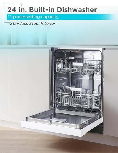BLACK+DECKER 24" Ingeboude Skottelgoedwasser, 12-Plekkie Plaatkapasiteit met Vlekvrye Staalbad, Skottelgoedwasser met 5 Wasprogramme en Slim Wasiklus, ENERGY STAR Gesertifiseer, BDW100MW, Wit