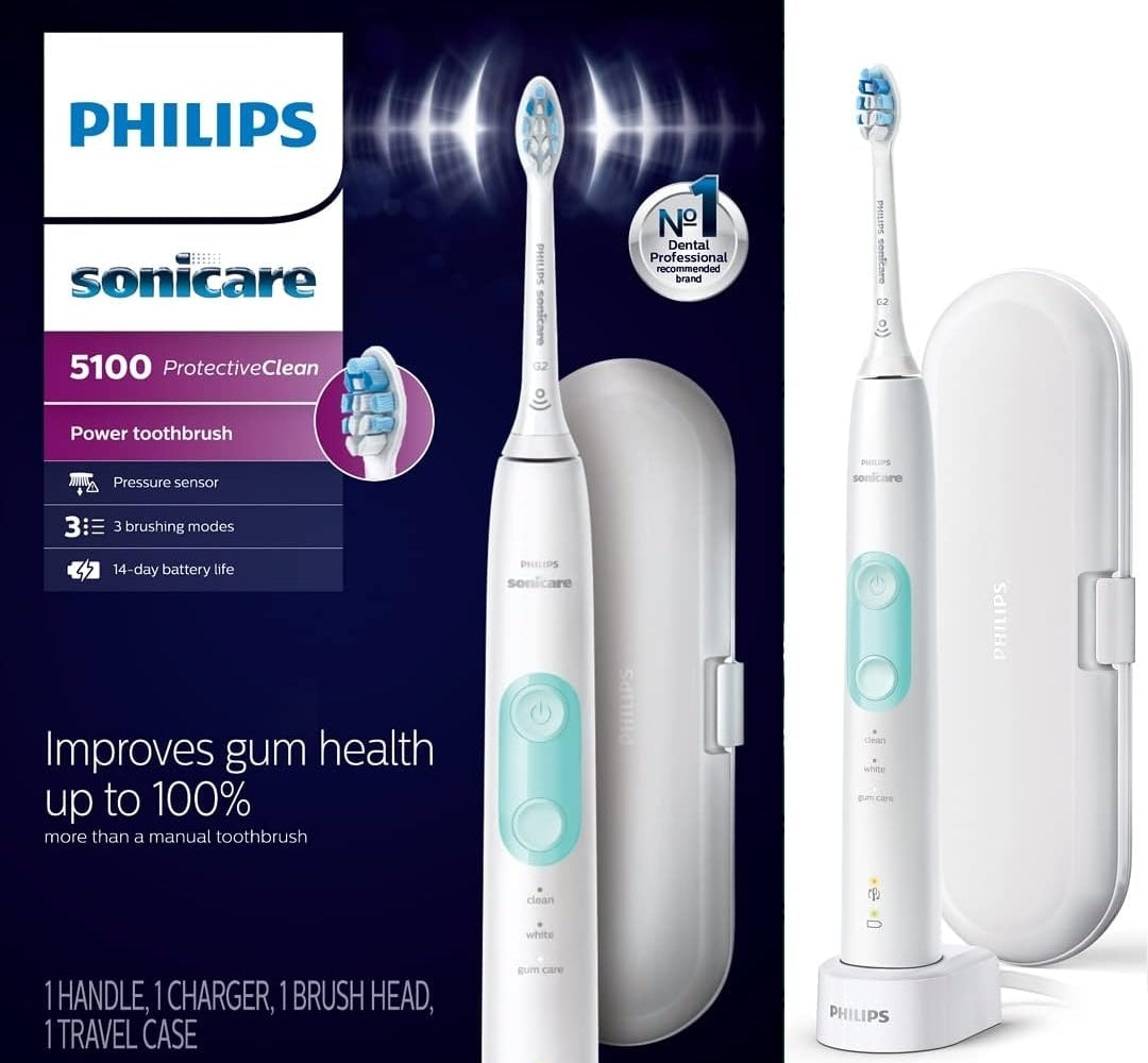 Philips Sonicare ProtectiveClean 5100 Elektriese Herlaaibare Tandeborsel met Egte Philips Sonicare Optimale Tandvleisgesondheid Vervangende Tandeborselkoppe, Wit 3-pak